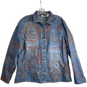 Chico's Design Embroidered Denim Jacket Sz 0 / US 4 VTG Art to Wear Boho Western